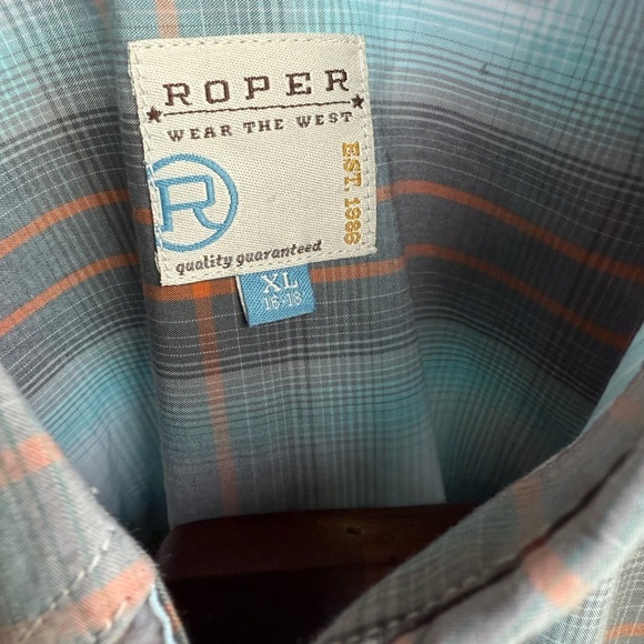 Roper BOYS XL Short Sleeve Button Down Shirt in Aqua Blue, Charcoal and Orange - Picture 4 of 7